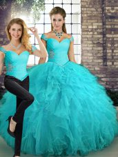 Off The Shoulder Sleeveless Sweet 16 Quinceanera Dress Floor Length Beading and Ruffles Aqua Blue Tulle