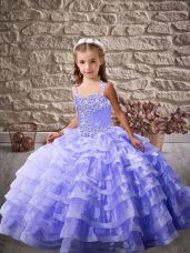Nice Lavender Sleeveless Floor Length Ruffled Layers Lace Up Child Pageant Dress
