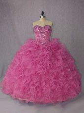 Captivating Halter Top Sleeveless Vestidos de Quinceanera Brush Train Beading and Ruffles Rose Pink Organza