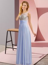 Latest Lavender Empire Chiffon Scoop Sleeveless Beading Floor Length Side Zipper Bridesmaids Dress