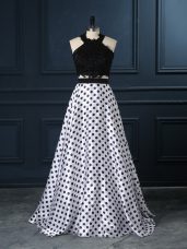 Pretty White And Black Sleeveless Lace Zipper Evening Dress