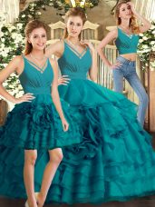 New Arrival Teal Ball Gowns Organza V-neck Sleeveless Ruffled Layers Floor Length Backless Quinceanera Dress