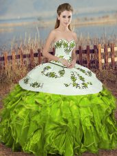 On Sale Olive Green Sleeveless Embroidery and Ruffles and Bowknot Floor Length 15 Quinceanera Dress