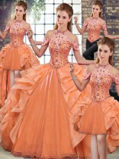 Organza Halter Top Sleeveless Lace Up Beading and Ruffles Quinceanera Dresses in Orange