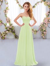 Enchanting Yellow Green Chiffon Lace Up Sweetheart Sleeveless Floor Length Quinceanera Court of Honor Dress Ruching