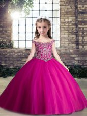 Fuchsia Ball Gowns Tulle Sweetheart Sleeveless Beading Floor Length Lace Up Teens Party Dress