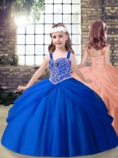 Royal Blue Ball Gowns Tulle Straps Sleeveless Beading Floor Length Lace Up Kids Pageant Dress