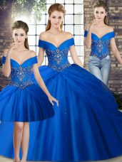 Amazing Off The Shoulder Sleeveless Brush Train Lace Up Quinceanera Dress Royal Blue Tulle