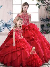 Elegant Organza High-neck Sleeveless Lace Up Beading and Ruffles 15th Birthday Dress in Red
