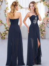 Clearance Navy Blue Chiffon Lace Up Sweetheart Sleeveless Floor Length Quinceanera Court Dresses Beading and Ruffles
