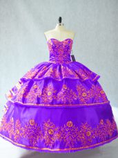 Suitable Purple Ball Gowns Sweetheart Sleeveless Organza Floor Length Lace Up Embroidery and Ruffled Layers 15 Quinceanera Dress