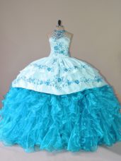 Aqua Blue Organza Lace Up Ball Gown Prom Dress Sleeveless Court Train Embroidery and Ruffles