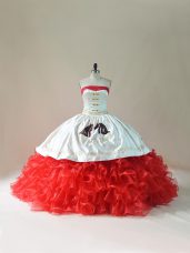 Captivating White And Red Sleeveless Brush Train Embroidery and Ruffles Floor Length 15 Quinceanera Dress
