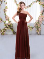 Exceptional One Shoulder Sleeveless Quinceanera Court of Honor Dress Floor Length Ruching Brown Chiffon