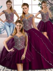 Flirting Brush Train Ball Gowns Quinceanera Dresses Purple Sweetheart Tulle Cap Sleeves Lace Up