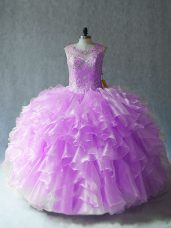 Fashionable Organza Scoop Sleeveless Lace Up Beading and Ruffles Quinceanera Gown in Lilac