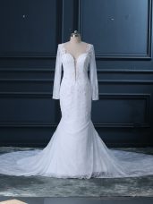 Attractive White Tulle and Lace Backless Sweetheart Long Sleeves Bridal Gown Court Train Beading and Lace
