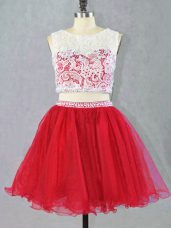 Mini Length Red Prom Dress Organza Sleeveless Lace and Appliques
