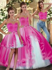 Sleeveless Tulle Floor Length Lace Up 15th Birthday Dress in Fuchsia with Beading