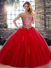 Cute Red Tulle Lace Up Off The Shoulder Sleeveless Floor Length 15th Birthday Dress Beading