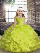 Luxurious Spaghetti Straps Sleeveless Child Pageant Dress Floor Length Beading and Ruffles and Ruching Yellow Green Organza