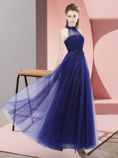 Sleeveless Floor Length Beading and Appliques Lace Up Bridesmaid Gown with Purple