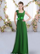 Glorious Dark Green Chiffon Zipper Bridesmaids Dress Sleeveless Floor Length Belt and Hand Made Flower