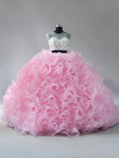 Baby Pink Zipper Quinceanera Gown Beading and Ruffles Sleeveless Brush Train