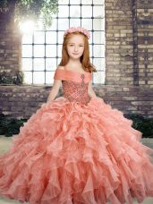 Peach Child Pageant Dress Party and Wedding Party with Beading and Ruffles Straps Sleeveless Lace Up