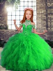 Stunning Lace Up High-neck Beading and Ruffles Little Girl Pageant Gowns Tulle Sleeveless