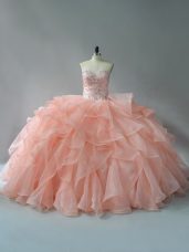 Chic Peach 15 Quinceanera Dress Sweetheart Sleeveless Brush Train Lace Up