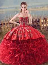 Unique Coral Red Sleeveless Fabric With Rolling Flowers Brush Train Lace Up 15th Birthday Dress for Sweet 16 and Quinceanera