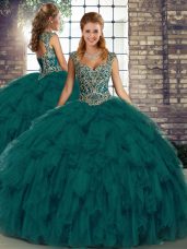 High Class Peacock Green Ball Gowns Straps Sleeveless Organza Floor Length Lace Up Beading and Ruffles Quinceanera Dresses