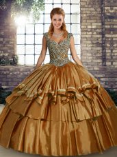 Charming Brown Ball Gowns Beading and Ruffled Layers Ball Gown Prom Dress Lace Up Taffeta Sleeveless Floor Length