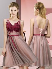 Luxury Sleeveless Knee Length Appliques Lace Up Bridesmaid Dresses with Baby Pink
