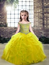 Trendy Olive Green Ball Gowns Tulle Off The Shoulder Sleeveless Beading and Ruffles Floor Length Lace Up Little Girl Pageant Dress