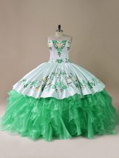 Low Price Green Organza Lace Up Sweetheart Sleeveless Quinceanera Gown Brush Train Embroidery
