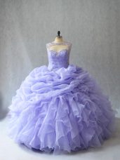 Popular Lavender Scoop Lace Up Beading and Ruffles and Pick Ups Sweet 16 Quinceanera Dress Brush Train Sleeveless
