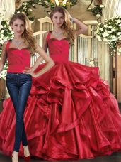 Elegant Floor Length Lace Up Sweet 16 Dress Red for Sweet 16 and Quinceanera with Ruffles