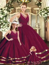 Burgundy Ball Gowns V-neck Sleeveless Tulle Floor Length Backless Ruffled Layers Quinceanera Gown