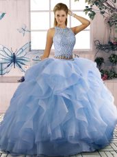 Scoop Sleeveless Quince Ball Gowns Floor Length Beading and Ruffles Blue Tulle