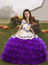 Discount Straps Sleeveless Glitz Pageant Dress Floor Length Embroidery and Ruffled Layers Eggplant Purple Organza