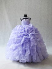 Superior Lavender Ball Gowns Organza Scoop Sleeveless Beading and Ruffles and Pick Ups Lace Up Girls Pageant Dresses Brush Train