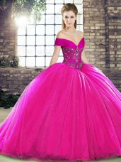 Nice Fuchsia Sleeveless Beading Lace Up Sweet 16 Dresses