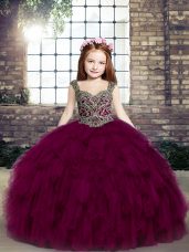 Fashionable Sleeveless Floor Length Beading Lace Up Child Pageant Dress with Fuchsia