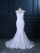 Flare V-neck Sleeveless Wedding Dress Brush Train Beading and Lace White Tulle