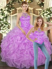 Chic Lilac Two Pieces Halter Top Sleeveless Tulle Floor Length Lace Up Beading and Ruffles Quinceanera Dresses