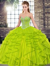 Tulle Sweetheart Sleeveless Lace Up Beading and Ruffles Quinceanera Gowns in Olive Green