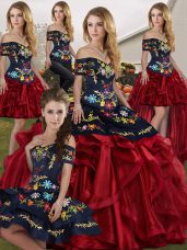 Sleeveless Organza Floor Length Lace Up Quince Ball Gowns in Red And Black with Embroidery and Ruffles