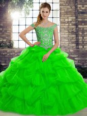 Green Quinceanera Dress Off The Shoulder Sleeveless Brush Train Lace Up